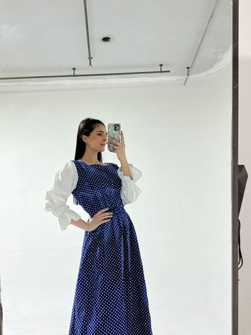 Navy Blue Polka Dot Maxi Dress with White Puff Sleeves – Elegant Women’s Dress