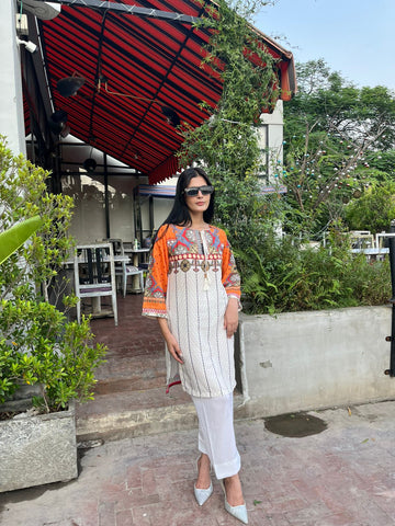 Printed Lawn Kurti for Women – Orange & White Casual Wear