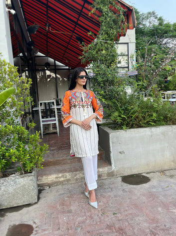 Printed Lawn Kurti for Women – Orange & White Casual Wear