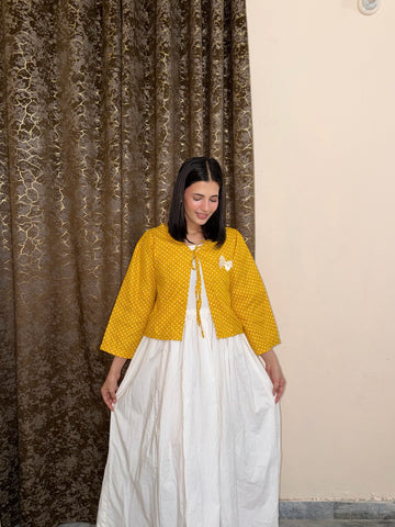 Elegant Mustard Polka Dot Layered Dress for Women