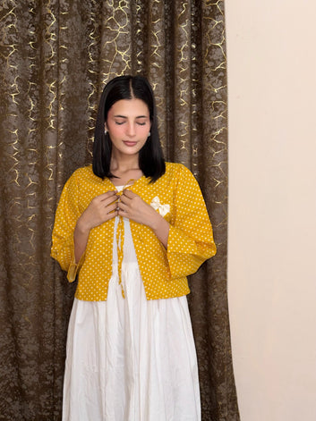 Elegant Mustard Polka Dot Layered Dress for Women