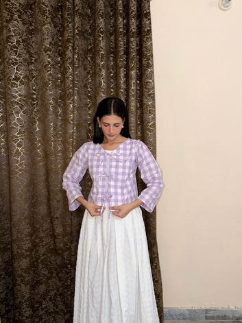 Lavender Checkered Bow Top with White Maxi Skirt – Elegant Women’s Outfit