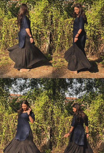 Midnight Elegance Tie-Back Top with Textured Black Skirt