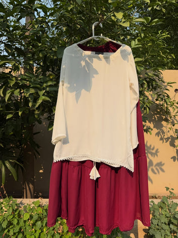 Elegant Cream Kurta with Maroon Flowy Skirt
