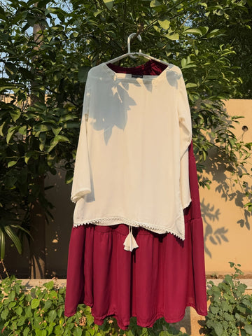 Elegant Cream Kurta with Maroon Flowy Skirt