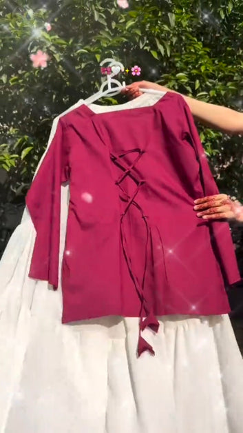 Chic Maroon Lace-Up Kurta with Flowy White Skirt