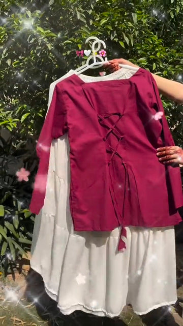 Chic Maroon Lace-Up Kurta with Flowy White Skirt