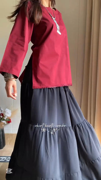 Elegant Lace-Up Co-Ord Set for Women – Maroon & Black