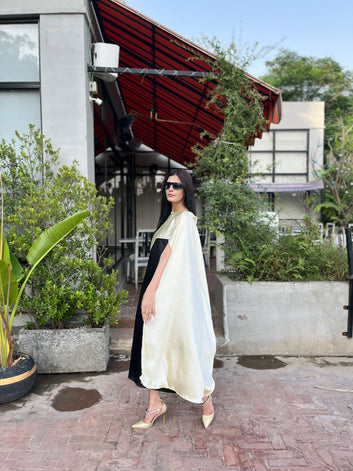 Luxury Colorblock Cape Dress – Elegant Flowing Maxi (Black & Ivory)