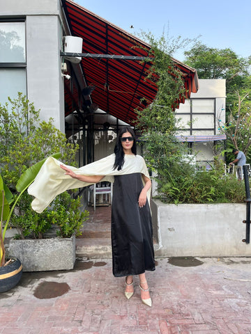 Luxury Colorblock Cape Dress – Elegant Flowing Maxi (Black & Ivory)